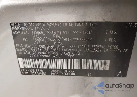 2017 Toyota Rav4 Le z USA, uszkodzony, nr VIN 2T3ZFREV9HW334212